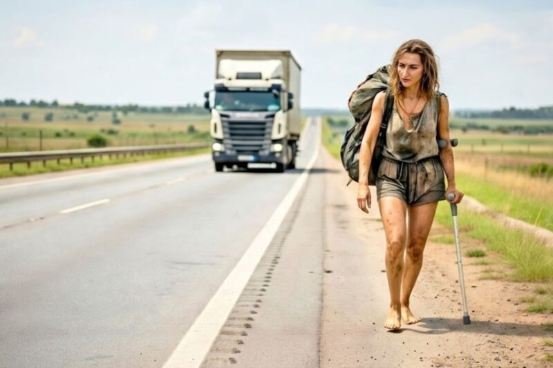 Caminhoneiro Vê Jovem Abandonada na Estrada Pelo Ex-marido Sem Nada — Somente Umas Mochilas..