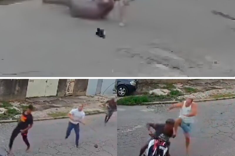 “SOLTA O PEDAÇO DE PAU E VAI DIRETO PRO CHÃO OU VAI SER PIOR!”: Moradores entram em ação, caçam dupla de assaltantes a pauladas após reação de casal com arma falsa e realizam contenção física em plena via pública