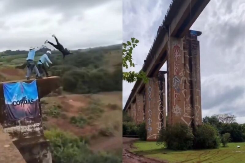 ERRO INACREDITÁVEL E FATAL NA PONTE DO ESQUELETO: Instrutores esquecem de prender equipamento e lançam jovem de 40 metros de altura diante do noivo