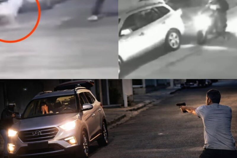 Policial reage a assalto na porta da sogra, troca 15 tiros com bandidos e protege 3 filhos no carro