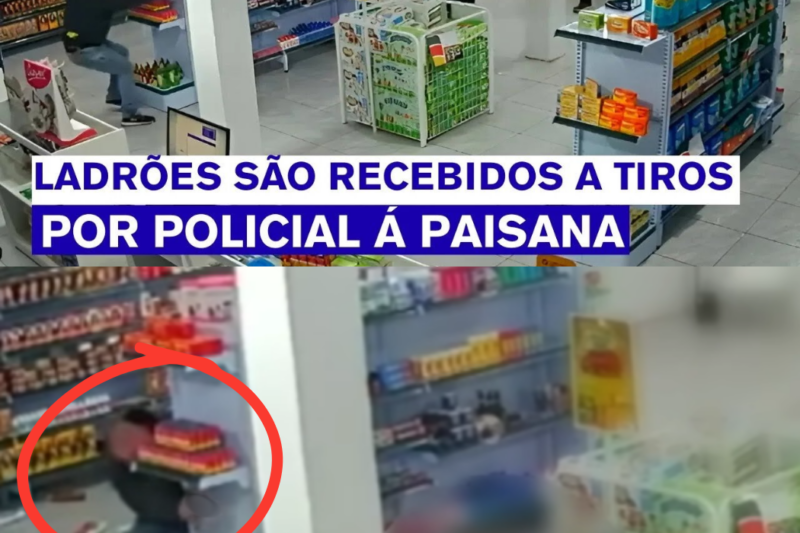 Segundos de terror na farmácia: Policial à paisana reage a assalto, troca tiros com criminosos e o final é impressionante