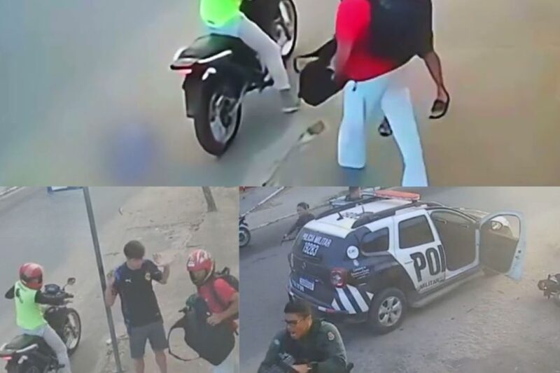 MOTOQUEIROS AO CHÃO: Ação Policial Implacável Interrompe Assalto em Ponto de Ônibus e Divide Opiniões; “Bandido não teve nem tempo de subir na moto”