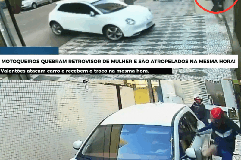 Fúria e reviravolta no trânsito: Motoqueiros quebram retrovisor de carro e recebem o troco com atropelamento imediato em portaria de condomínio